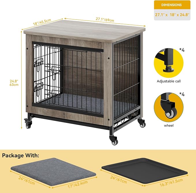 DWVO 27" Dog Crate Furniture with Wheels, Cushion & Tray | Dog Kennel Indoor End Table for Small Dog, Grey