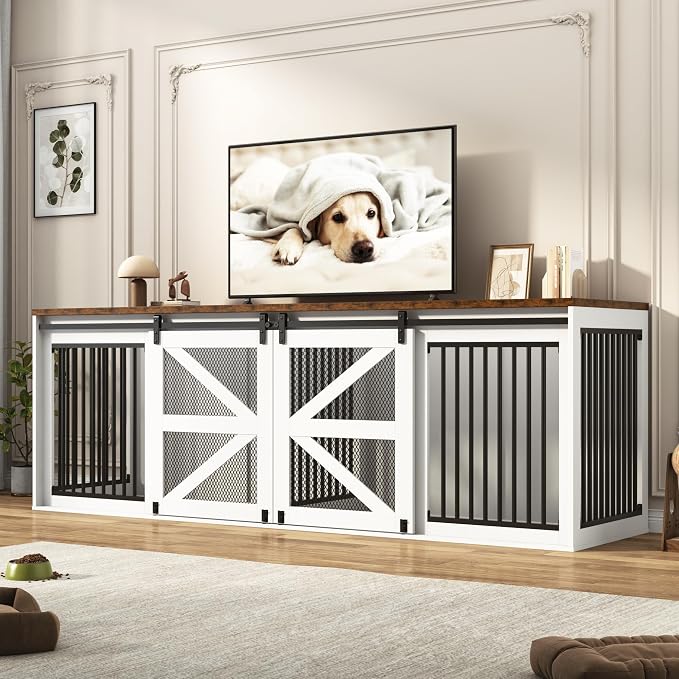 jiteentarou95In Farmhouse Dog Crate TV Stand, Wooden Dog Kennel Furniture with Sliding Metal Mesh Barn Door, Large Dog Crate Furniture for 2 Dogs, Solid Metal Tube & 2 Lockable Doors, White & Brown