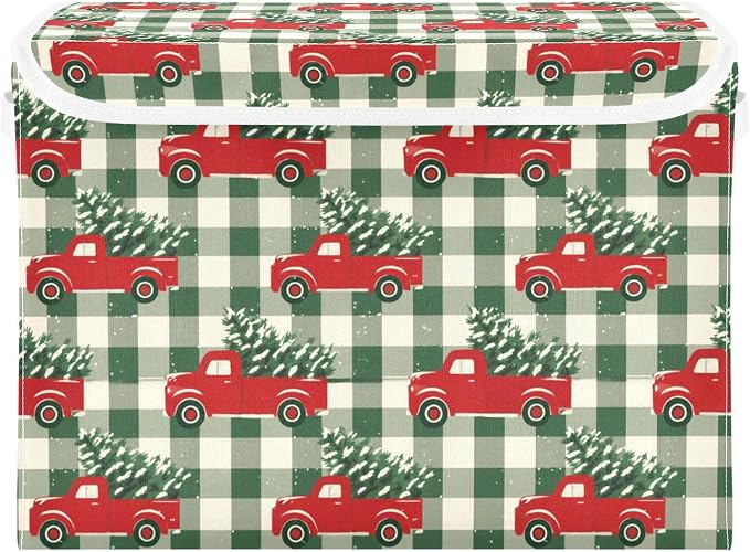 Christmas Red Truck Storage Bins with Lids Closet Bedroom 40L Fabric Bin | Decorative Storage Boxes, Foldable & Stackable, Dust-Proof Flip Top, Reinforced Handles, For Home & Dorm, Clothes & Toy Box