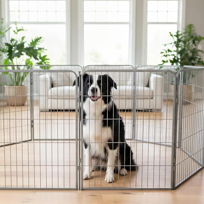 Dog Play Pen for Indoor Use - 24'', 8 Panels for Small and Puppy Size Dogs - Portable Grey PlayPen Kennel for House or Garage - Metal Heavy Duty Pet Fence with Anti-Slip Feet