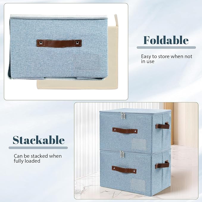 ANMINY Small Storage Box Fabric Bins with Zipper Lid, 10"x8"x7" Blue 3PCS | Keepsake Box, Decorative, Cotton Linen, Reinforced PP Board Frame, Washable, Stackable & Foldable, Label Holder & PU Handles