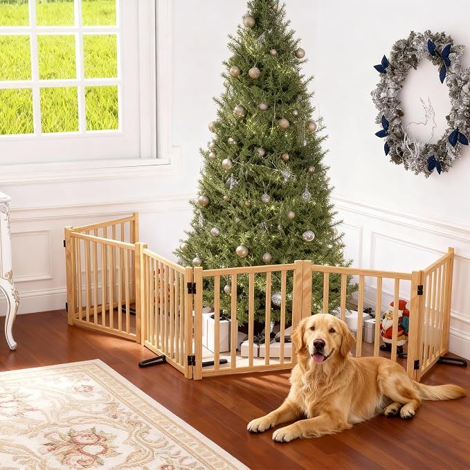 YOCAN Non-Painted Wooden Freestanding Dog Gates - 6 Panel H:16.9" L:138" | Pet Gate for The House,Doorways, Stairs,Wood Dog Fences Indoor Pet Gate,Step Over Fence