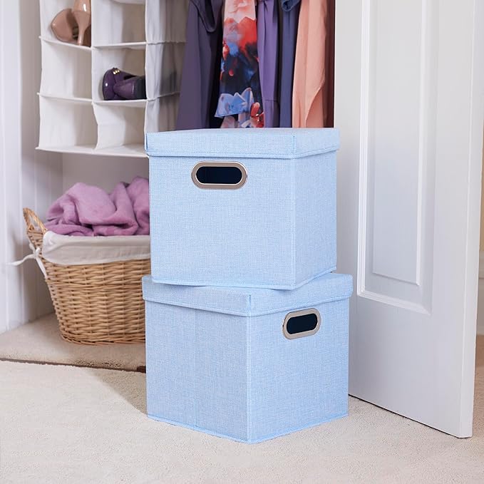 Household Essentials 816-1 Café Cube Bin Storage Set with Lids and Handles | 16 Pack, Baby Blue Linen