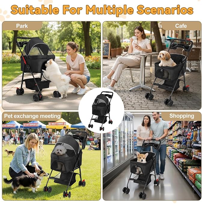 Pet Stroller, 4 Wheel Foldable Dog and Cat Stroller with Removable Carrier, Holds Up to 17.6 lbs, Breathable Mesh Canopy, Storage Basket & Cup Holder for Walking Shopping Travel Outdoors Black