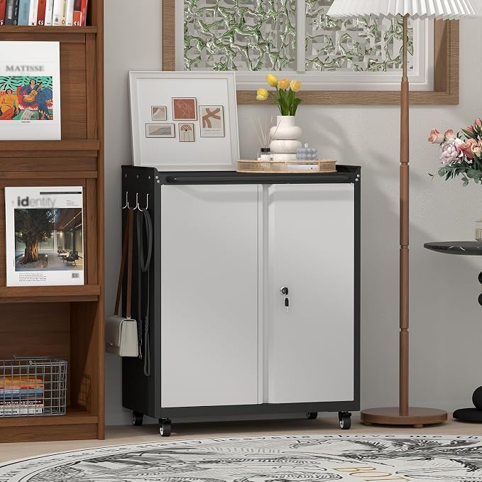 32''H Metal Storage Cabinet with Wheels, Garage Tool Storage Cabinets with Lock, Lockable Steel Rolling Tool Chest with Doors & Adjustable Shelves for Garage, Home, Office