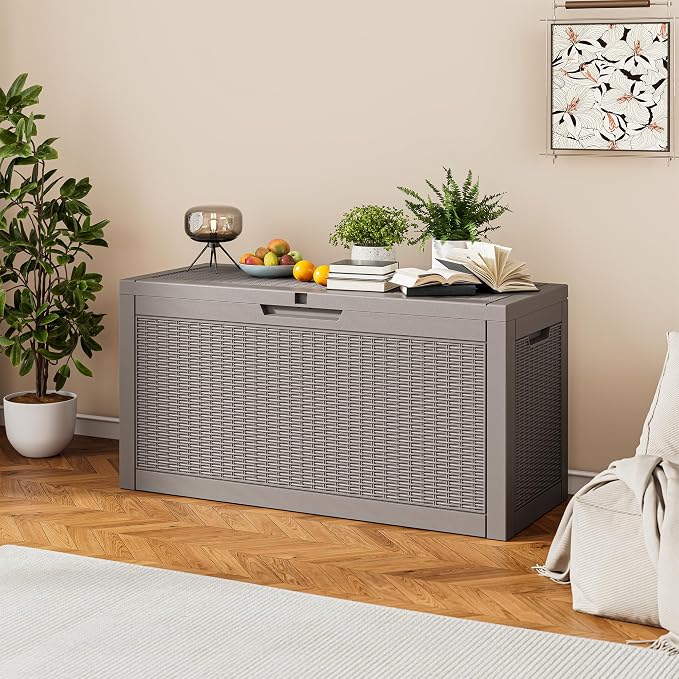 75 Gallon Outdoor Storage Box Waterproof Deck Box for Patio | Gray, Resin, Weatherproof, Lockable, Compact, Easy Assembly, Patio Cushions Storage, Pool Garden Accessories Organization