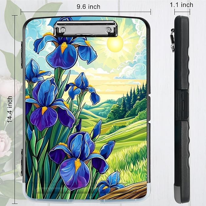 A4 Clipboard with Storage Pen Holder, Clipboards Organizer Nursing Clipboard Foldable File Folder Plastic Clipboard Folio Clip Board for Office Work Classroom Doctor, Blue Flower Lawn