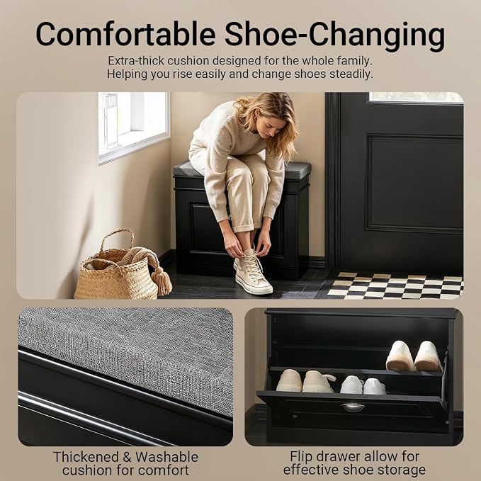 Haotian Black Hallway Shoe Bench, Narrow Shoe Rack Entryway, Small Shoe Cabinet with Flip-Drawer and Seat Cushion, FSR82-K-SCH