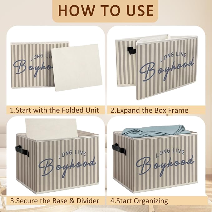 Neutral Striped Boy Nursery Foldable Storage Bins Box with Handles, Long Live Boyhood Decorative Storage Boxes Baskets Toybox Organizer for Kids Boy Nursery Room Bedroom Playroom