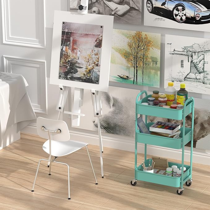 MAX Houser 3-Tier Rolling Utility Cart with Caster Wheels,Easy Assembly, for Kitchen, Bathroom (Turquoise) | Easy Assembly, multi-purpose storage trolley for kitchen, rolling cart with smooth caster wheels for bathroom