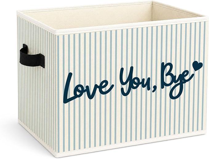 Love You Bye Storage Bin, Blue White Stripe Fabric Basket Organizer | Foldable collapsible fabric organizer for dorm room, girls room, bedroom, nursery, toys, books, clothes