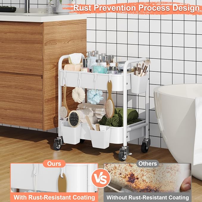 2 Tier Small Rolling Cart Metal with Wheels, White Under Desk Storage Cart on Wheels, Short Utility Roller Caddy Carts Organizer for Art,Craft,Pantry,Bathroom, Two Tiered Shelf Trolley,22 Inches Tall