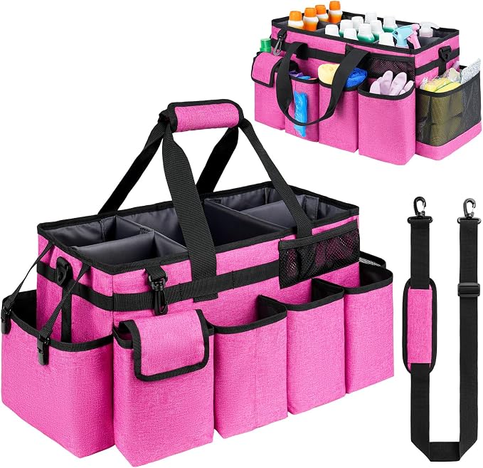 Cleaning Caddy Bag,Extra Large Cleaning Supplies Organizer with Handle for Housekeepers,Rose Red
