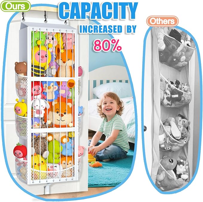 Large Capacity Over the Door Stuffed Animal Storage – Patent Elastic Rope Design Easy Store Plush Toy Stuff Animal Organizer Suitable for Kids Room Toy Holder Bedroom Hanging Stuffie Storage