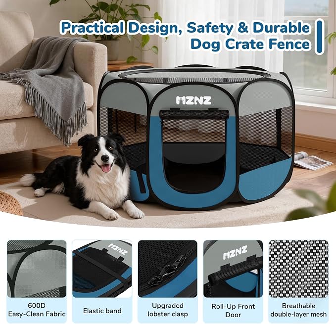 Dog Cat Small Animal Puppy Playpen Crate, Large, Grey Blue | Portable Pop Up Pet Cage Enclosure Tent Kennel Indoor Outdoor with Carrying Case, No Assembly, Camping Use