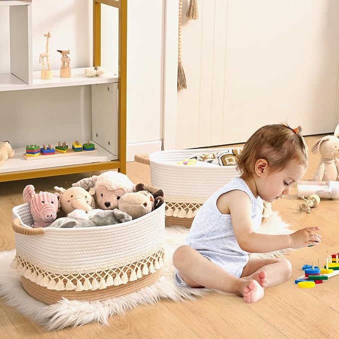 2 Pack Storage Basket for Shelves, Boho Cotton Rope Storage Bins with Heavy Tassel, Shelf Baskets Large Woven Baskets for Organizing, Cube Organizer Bins, Baby Laundry Basket for Clothes, Toys, Pets