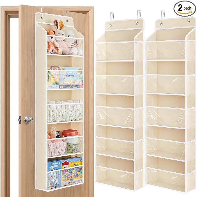 JARLINK Over The Door Toy Storage Organizer w/Clear Window, Beige, 2 Pack | Anti-Tilt 44 lb Load Capacity, Baby Toy Storage Organizer for Stuffed Animals, Nursery, Kid Bedroom, Newborn Baby Essentials
