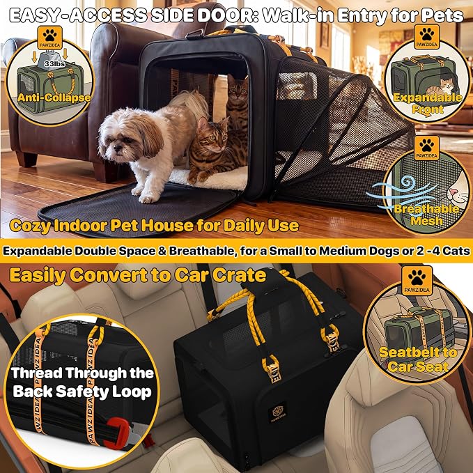 PAWZIDEA Expandable Large Pet Carrier with Wheels, 24x16x16 in Rolling Cat Carrier for 2–4 Cats up 55lb, Soft-Sided Collapsible Small Medium Dog Crate for Car Travel, Telescopic Handle, Storage Pocket