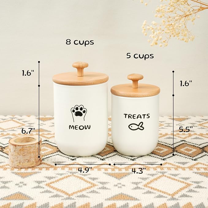 Cat Treat Container with Airtight Lid, Cat Food Oganizer Dry Food, Cat Food Storage Containers, Pet Treats Canister, Cat Treat Jar Set of 2-8.3x4.9 & 7.1x4.3 (White)
