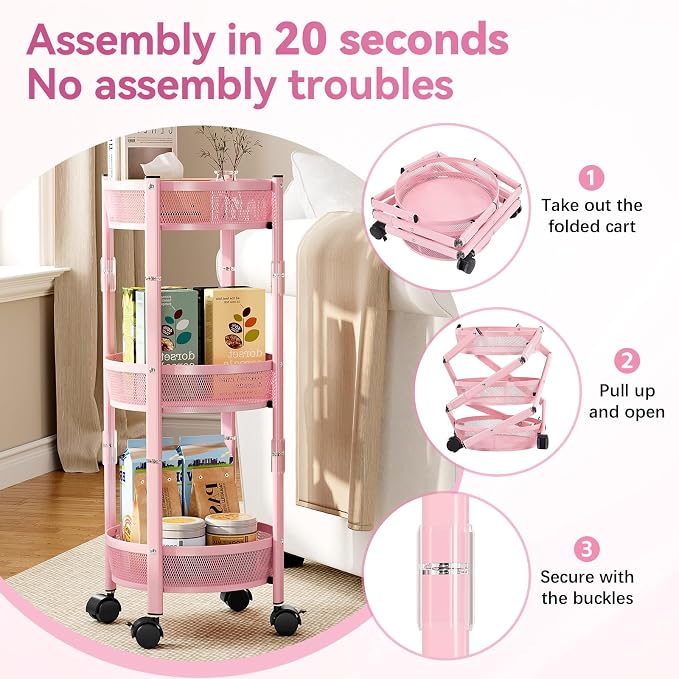 TOOLF 3 Tier Foldable Rolling Cart, Metal Utility Storage Cart, Pink | Assembly-Free, Lockable Wheels, Round Trolley Organizer for Bathroom, Kitchen, Office, Dorm, Laundry, Craft Room