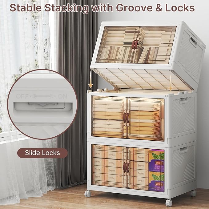 Stackable Storage Bins with Lids, 360QT Lockable Storage Cabinet | Folding Storage Box with Doors and Wheels, Collapsible Plastic Drawers for Home, Garage, Office