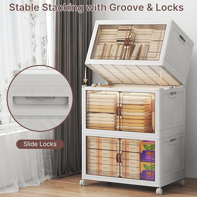 Stackable Storage Bins with Lids, 720QT Lockable Storage Cabinet | Closet Organizers, Foldable Storage Box with Doors and Wheels, Plastic Drawers for Home, Garage, Office (6, White, Large)
