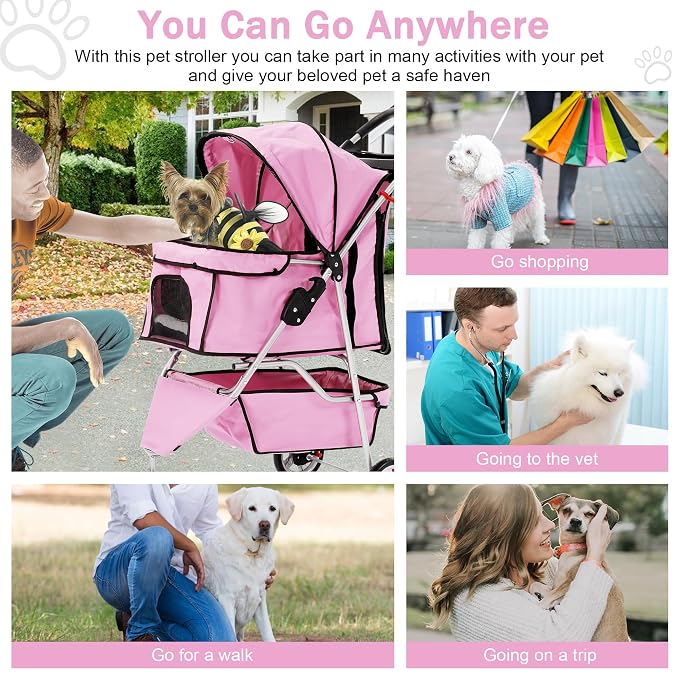 BLKMTY Folding Dog Stroller, 3 Wheels Pet Stroller, Foldable Cat Strollers Waterproof Travel Carrier Strolling Cart for Puppy Jogger with Cup Holder & Storage Basket, Pink