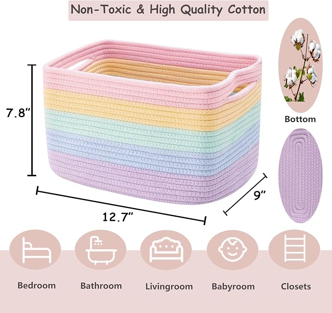 Rainbow Rope Basket for Shelves Storage Bins for Toys 4 Pack | Woven Rectangle Storage Basket for Baby Girl Nursery Toy Storage for Playroom, Classroom, or Girls' Room 12.7"L x 9"W x 7.8"H
