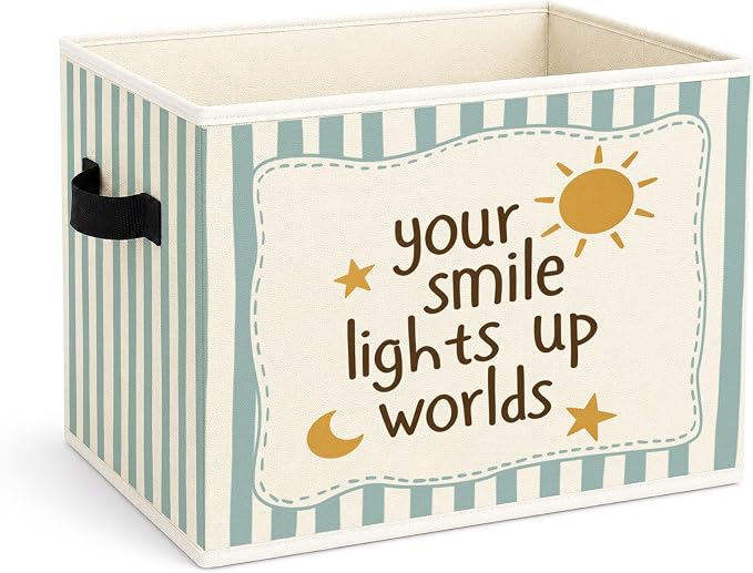 Smile Quote Storage Bin, Foldable Fabric Basket for Kids Room Classroom | Foldable fabric storage bin with smile quote design for toys, books, clothes, nursery, classroom, and playroom use.