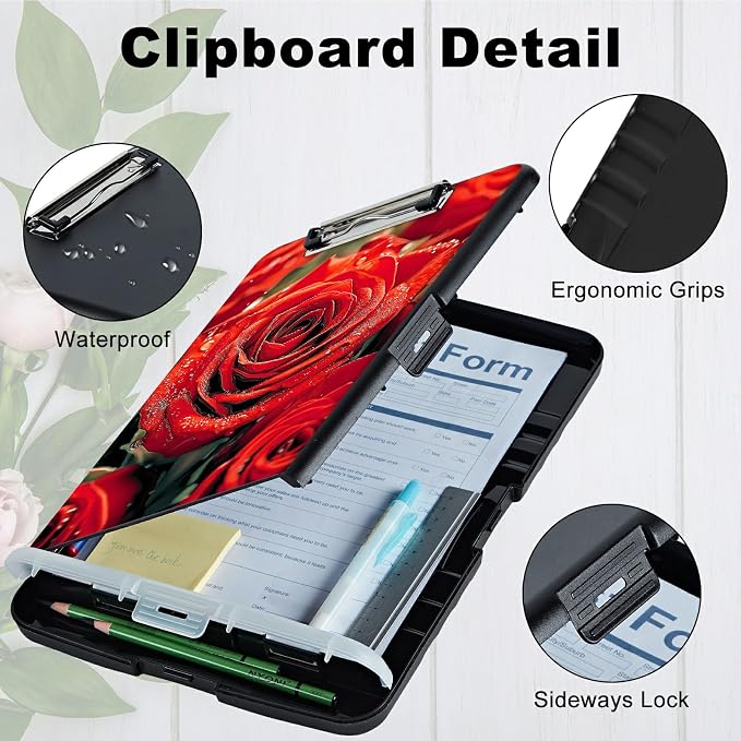 A4 Clipboard with Storage Pen Holder, Clipboards Organizer Nursing Clipboard Foldable File Folder Plastic Clipboard Folio Clip Board for Office Work Classroom Doctor, Red Rose