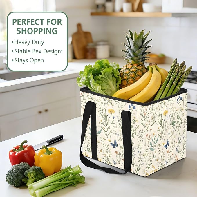 Car Trunk Organizer, Wildflowers Herbs Butterfly 600D Oxford Foldable Storage Bag with Handles, 13.0x10.8x10.2in, Portable Collapsible Container for Groceries, Kitchen, Picnic & Travel