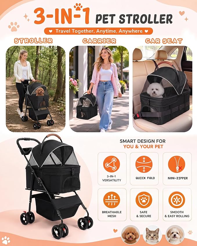 Pet Stroller, 3 in1 Foldable Dog Cat Stroller with Detachable Carrier-Black | 35lbs Lightweight Foldable Dog Stroller, All-Terrain 4 Wheels, Compact Travel Pet Stroller for Small to Medium Pets