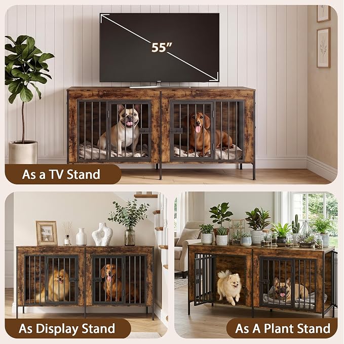 EasyCom 55" Wooden Double Dog Crate Furniture, Removable Divider, Brown | Raised Legs, For 1–2 Small to Medium Dogs, Multiuse TV, Plant & Display Stand