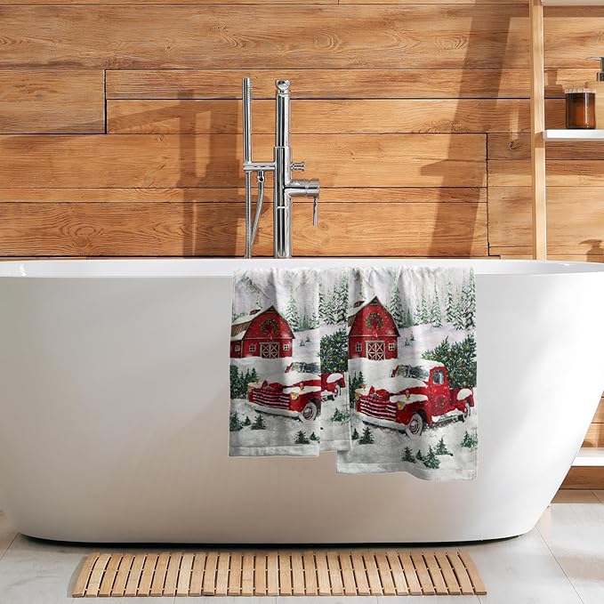 Giwawa Merry Christmas Hand Towels Set of 2 Red Truck Face Guest Towel Xmas Holiday Decorative Soft Fingertip Towel for Bathroom Kitchen Yoga Gym