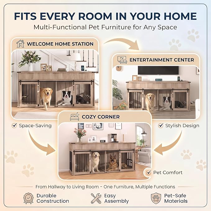 71'' Double Dog Crate Furniture, XXL Wooden Kennel with 360° Rotating Feeders, Removable Divider, Charging Station, TV Stand, Gray Oak