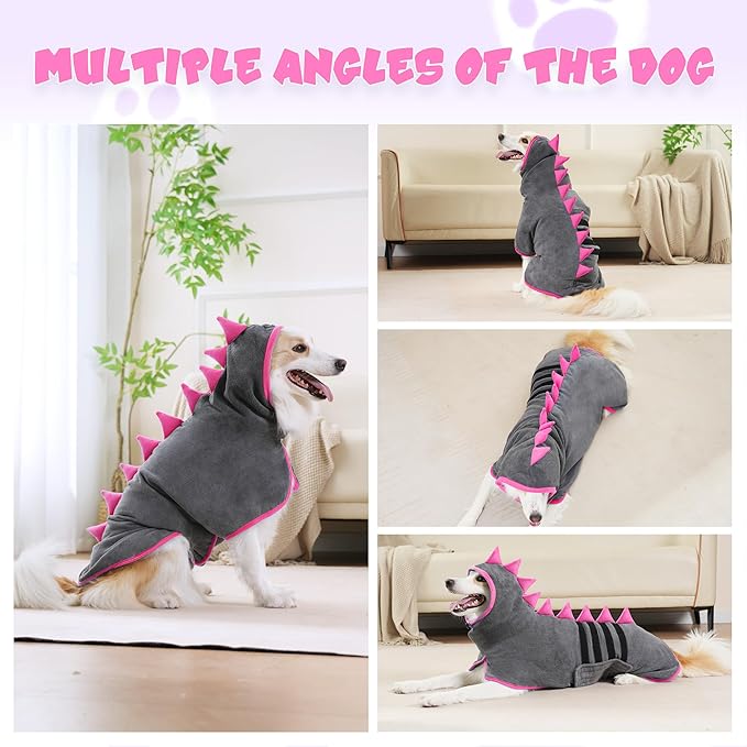 Super Absorbent Dog Bathrobe, Microfiber Bath Robe Towel for Fast Drying, Cozy Fit, Adjustable Belly Strap, Unique Dinosaur Design Dog Drying Coat for Bath, Rainy Walks & Cold Weather