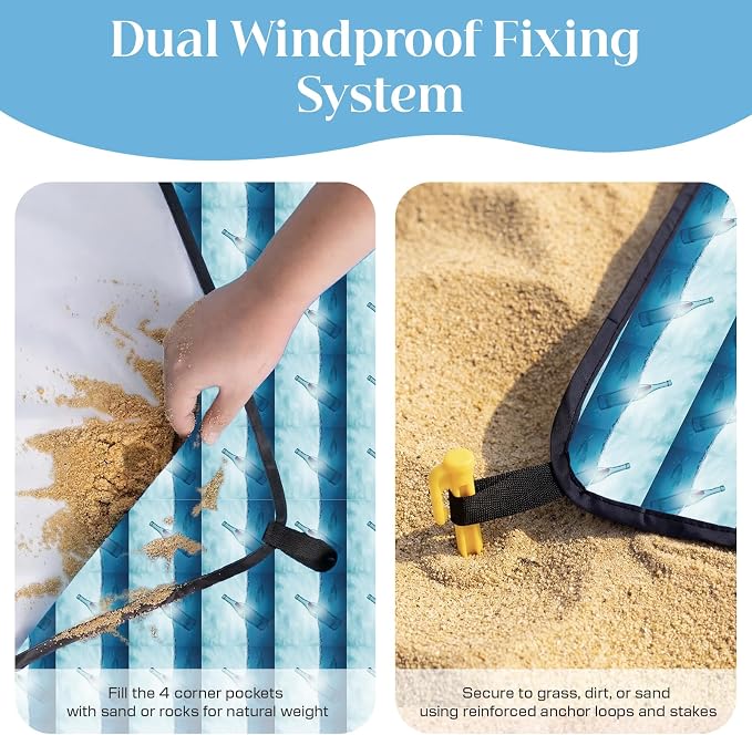 OIGAE Beach Blanket Waterproof Sandproof Oversized Beach Mat | Picnic Mat with Stakes, Storage Bag - Essentials for Outdoor Beach, Picnic,Quick-Dry Lightweight,Windproof Pockets