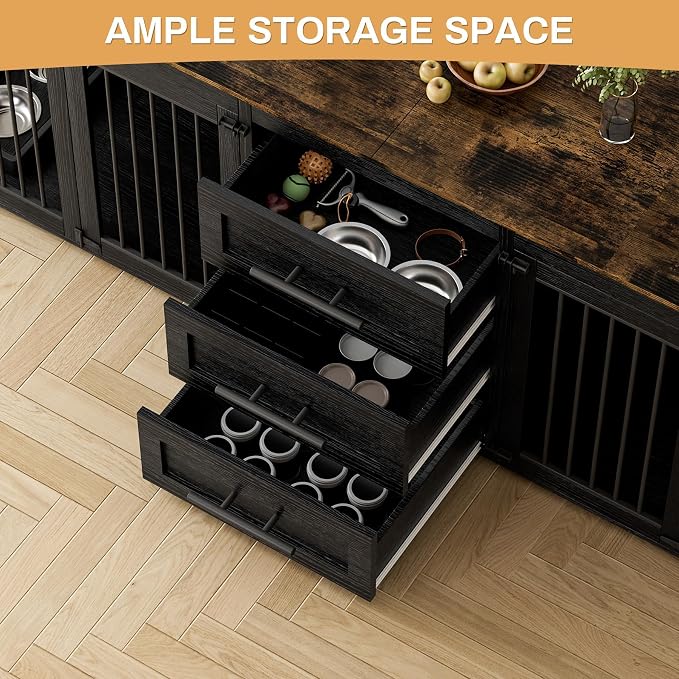 OUYESSIR 94.5" Large Dog Crate Furniture for 2 Dogs, Double Wooden Dog Kennel Furniture with 4 Dog Bowls & 3 Drawers, Heavy Duty Indoor Furniture Style Dog Cage TV Stand/Table/House (Black)
