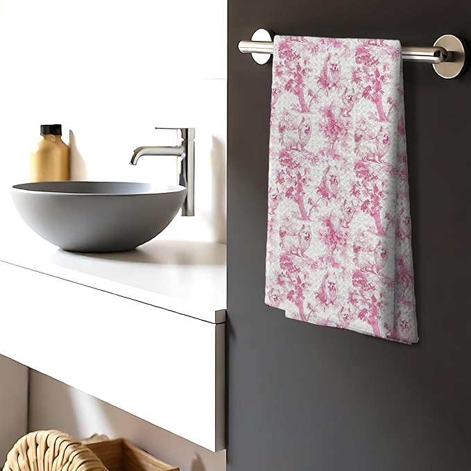 Pomeranian Dog Gifts for Pink Chinoiserie Floral Decor Kitchen Towels，Pink Pomeranian Dog Print Grandmillennial Decorative Dish Tea Towels for Kitchen Bathroom,16x24 Inch