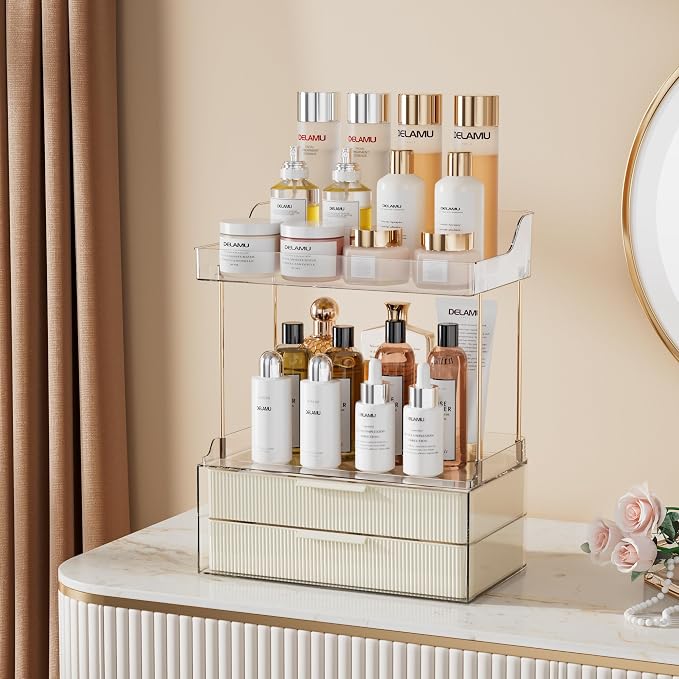 Delamu 4-Tier Makeup Organizer, Bathroom Counter, 2 Drawers,Cream White | Elegant Vanity Organizer Gift for Women, Holds Perfume, Skincare, Nail Polish & Hair Accessories for Bathroom Countertop