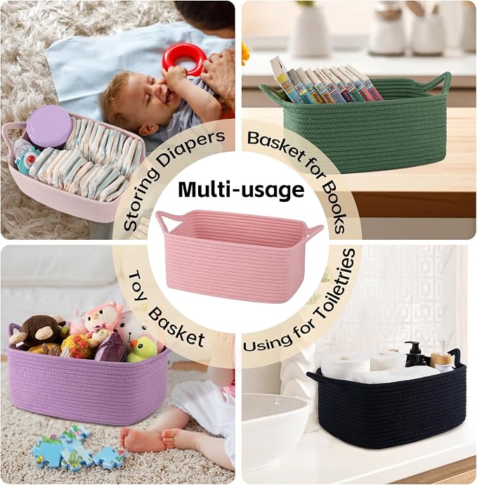 OIAHOMY Woven Basket, Gift Basket Empty with Gift Bags and Ribbons, Rope Baskets for Baby Showers, Storage Baskets with Handles for Nursery, Pet Toy Organizer - Lilac Purple