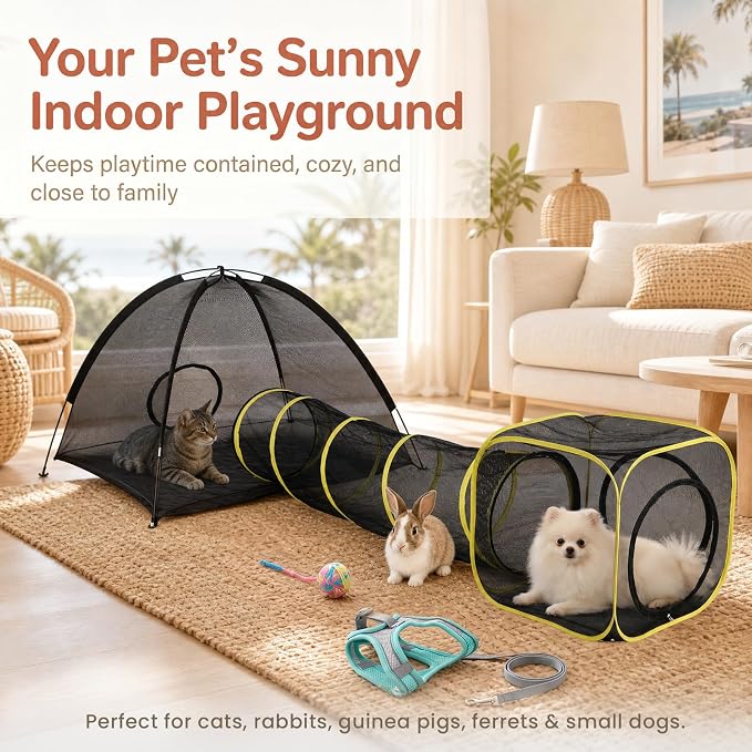 Extra-Large Outdoor Cat Tent for Indoor Cats, Portable 3-in-1 Mesh Cat Enclosure with Tunnel & Playhouse, Outside Cat Playpen for Small Animals, Pop Up Catio with Harness Leash and Tease Ball