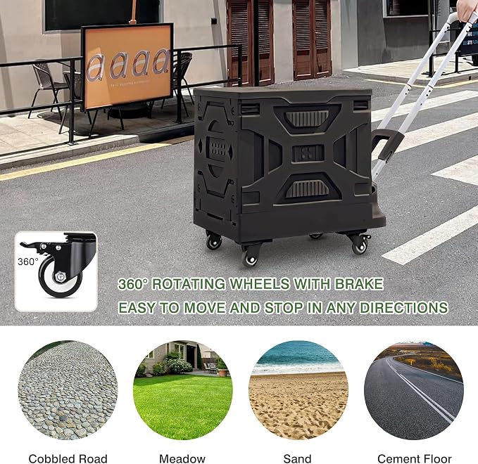 VECELO 16 GAL 2-in-1 Foldable Shopping Cart, Collapsible Utility Cart with Adjustable Handle & 360° Wheels, Dual-Mode Rolling Crate (Basket/Flatbed) for Groceries, Camping, Compact Storage, Black