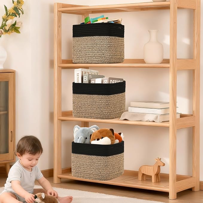3 Pack Cube Storage Bin, 12”x12”x10” Cotton Rope Woven Baskets for Organizing Toys Clothes Towels, Square Gift Storage Baskets for Shelves, Nursery, Closet, Bathroom, Pantry (Black & Brown)
