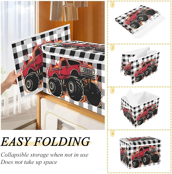 Red Truck Car Fabric Storage Bins with Lid Closet Storage Basket 40L | Decorative Storage Boxes, Foldable & Stackable, Dust-Proof Flip Top, Reinforced Handles, For Home & Dorm, Clothes & Toy Box