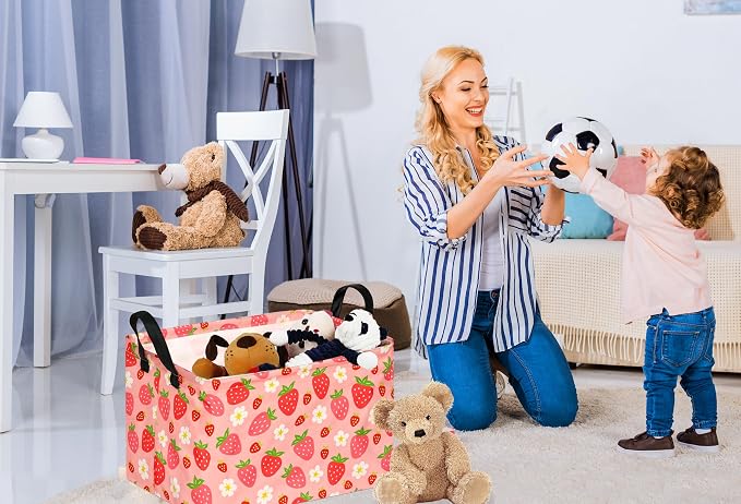 Kid Storage Basket Gift Shelf Basket Toy Storage Bin, Nursery Basket Organizer Box for Children Room Deco With Handles (Strawberry)