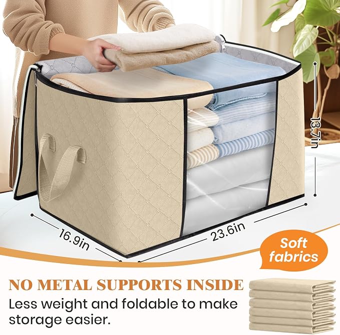 90L Clothes Storage, Foldable Thick Fabric Blanket Storage Bags | Foldable Containers with Zippers,Window and Handles for Organizing Bedroom, Closet, Comforter, Bedding,Dorm essentials
