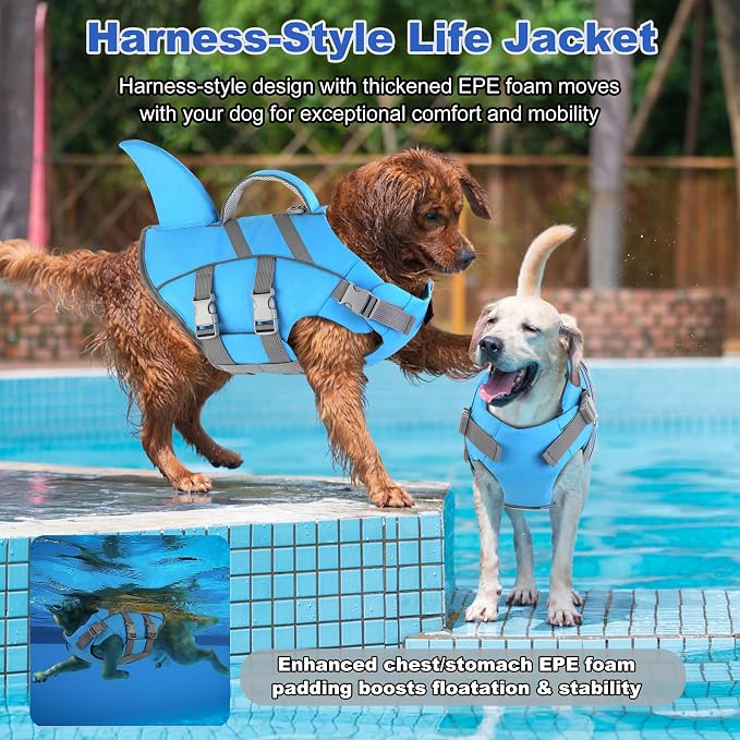 Dogcheer Dog Life Jacket Shark, Dog Life Vest with Rescue Handle - Blue,L | Adjustable Dog Harness Swim Vest for Swimming Boating, Reflective Pet Floating Device PFD for Small Medium Large Dogs