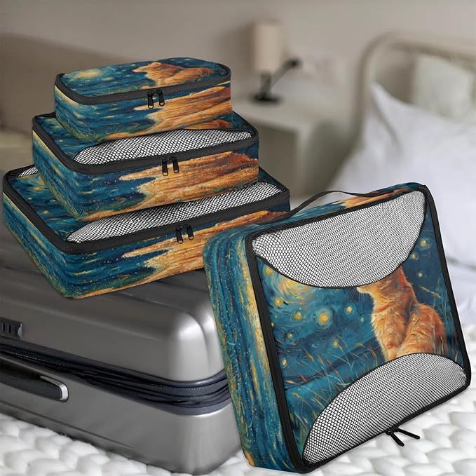 4 Set Packing Cubes for Travel, Cat Packing Cubes for Women, Travel Luggage Packing Organizers, Packing Cube Set, Cat Galaxy