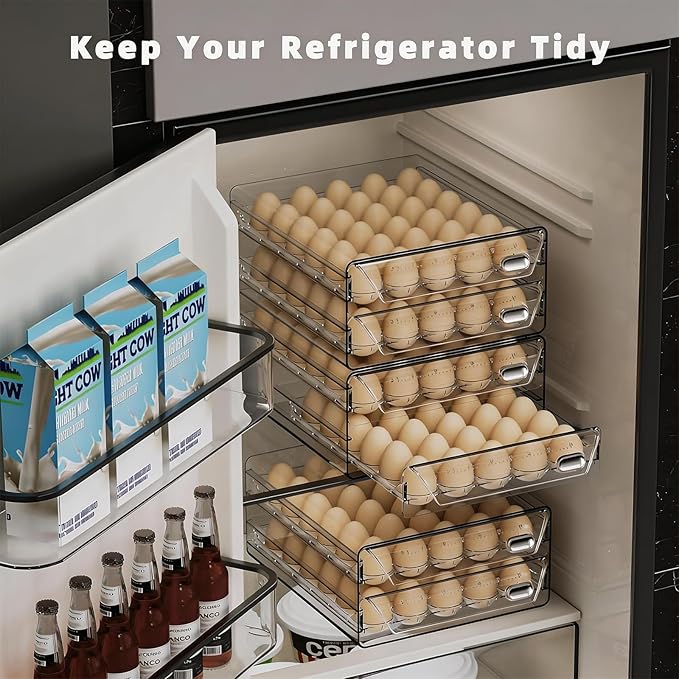 HIYOHIYO 2-Tier Clear 24 Grid Egg Container for Refrigerator, With Drawers | Large Capacity, with Time Scale Marking, Stackable, Sturdy Eggs Storage for Fridge and Countertop